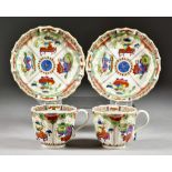 A Pair of Worcester Porcelain Fluted Cups and Saucers, Circa 1770, enamelled in colours with "