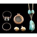 A Mixed Lot of Gold, comprising - a small sweetheart locket, 22mm diameter, a pair of earrings for