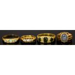 Four 18ct Gold Gem Set Rings, one set with three green stones, size P, one set with light blue