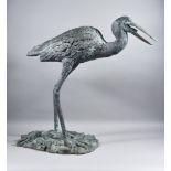 A Late 20th Century Bronze Garden Ornament/Water Feature, in the form of a heron, on a
