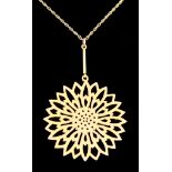 A 9ct Gold Sunflower Pendant and Chain, Modern, pendant 50mm diameter, suspended from a double