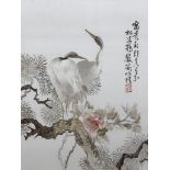 Chinese School - Embroidered panel - Two egrets perched on a flowering branch with character