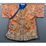 A Chinese Silk Side Fastening Robe, Late 19th/Early 20th Century, embroidered in coloured silk, gold