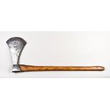 An 18th/19th Century Continental Axe, 13ins x 8ins, forged head on oak shaft, 36ins overall