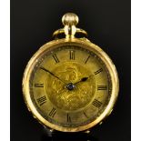 A Lady's 14ct Gold Cased Fob Watch, 20th Century, keyless wind, case decorated with foliate work,