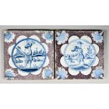 A Pair of English Blue and White and Manganese Delft Tiles, Circa 1740, with figures, and flowerhead