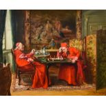 Henri Brispot (1846-1928) - Oil painting - Interior scene with two cardinals playing chess,