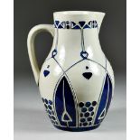 A Westerwald Stoneware Jug, Circa 1903, with raised blue Jugendstil design to body, designed by