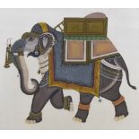 20th Century Indian School - Gouache - Elephant with howdah, silk 38ins x 41ins, framed and glazed