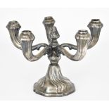 A Continental Silvery Metal Five Light Candelabra, stamped 825 standard, the central knop with