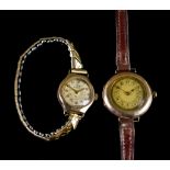 Two Lady's Manual Wind Wristwatches, 20th Century, both 9ct gold cased, one on leather strap, the