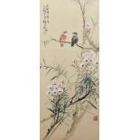 Chinese School - Watercolour - Two birds perched on flowering branch 46ins (117cm) x 21ins (53.