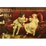 A Nestle's Swiss Milk Framed Advertising Show Card, with two children on a sofa, 19.75ins x 28.