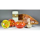 Six Pieces of Poole Pottery, 20th Century, comprising - cylindrical vase with band of fruit and