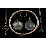 A Mixed Lot of 9ct Gold Items, comprising - one stiff bangle, two photo pendants, a signet ring,