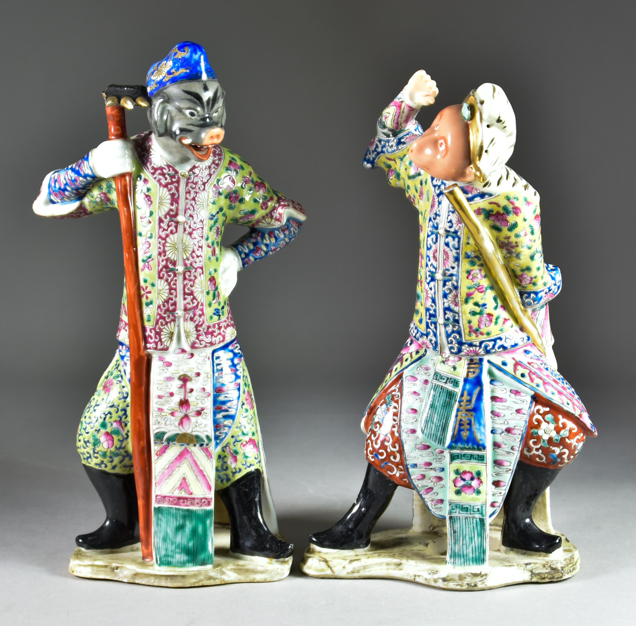 A Pair of Chinese Porcelain Zodiac Figures of a Monkey and Pig, 20th Century, each enamelled in