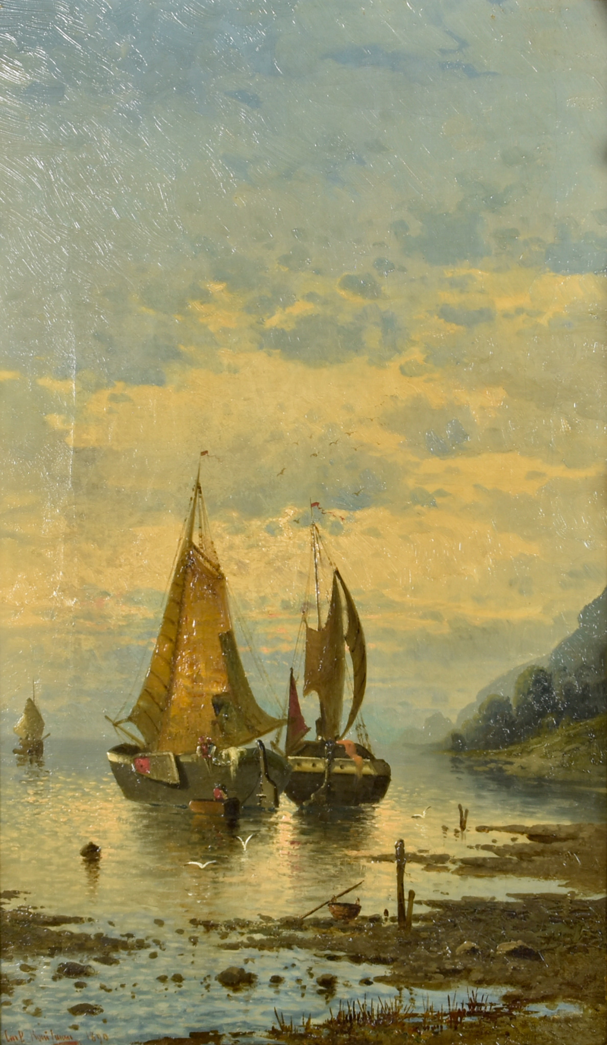 C. Kaufman (19th Century Continental School) - Oil painting - Fishing boats close to shore,