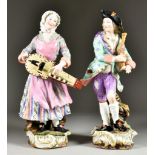 A Pair of Meissen Porcelain Figures of a Hurdy Gurdy Player and Bagpipe Player, 19th/20th Century,