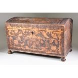 A Continental Poker-Work Dome Topped Wooden Casket on Bun Feet, decorated with leaves and flowers on