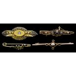Four Bar Brooches, comprising - one 15ct gold set with small white stone, 45mm, gross weight 5.7g,