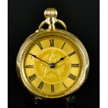 A Lady's Continental 18ct Gold Cased Fob Watch, 20th Century, case 34mm diameter, gold coloured dial