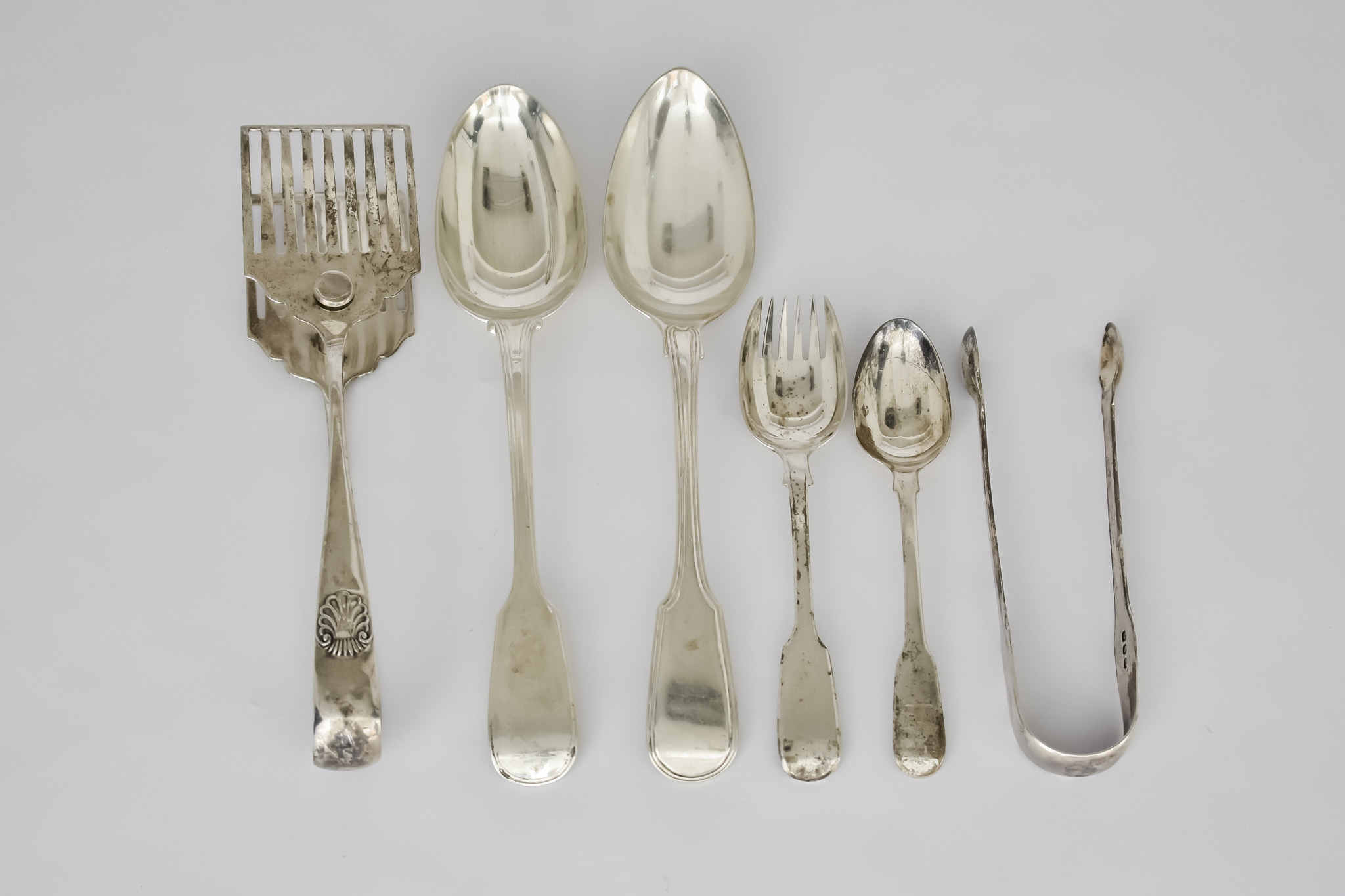 A Pair of George V Silver Sandwich Servers, and mixed Silverware, the servers by Harrison Bros. &