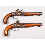 A Pair of .65 Calibre Flint Lock Pistols, by J G Jones, 9ins hexagonal barrels, plain steel locks