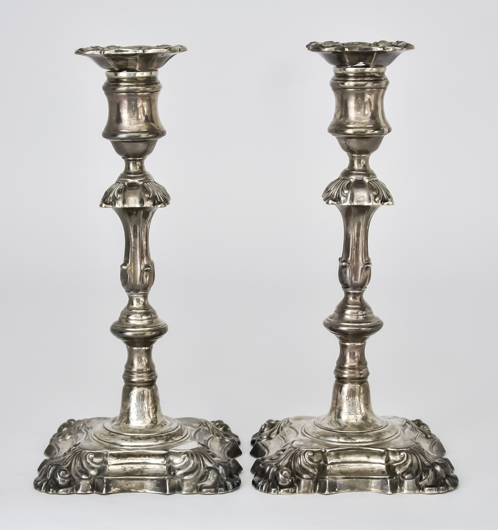 A Pair of Victorian Cast Silver Pillar Candlesticks by James and Nathaniel Creswick, Sheffield 1853,