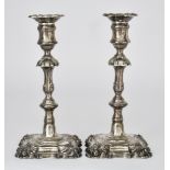 A Pair of Victorian Cast Silver Pillar Candlesticks by James and Nathaniel Creswick, Sheffield 1853,