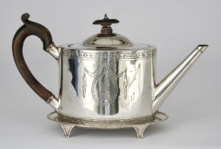 A George III Silver Oval Teapot and Stand, the teapot by Robert Hennell II, London 1786, engraved