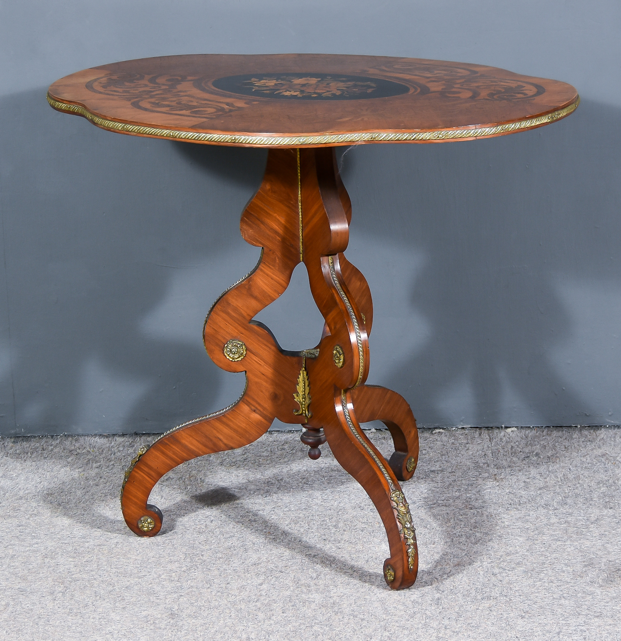 A Late 19th Century Continental King Wood and Marquetry Tripod Occasional Table, the top inlaid with