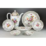 A Selection of Dresden Porcelain, Early 20th Century, enamelled in colours with Deutsche Blumen,