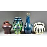 Four Continental Art Studio Pottery Pieces, 20th Century, comprising - a three-handled vase of