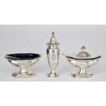An Edward VII Silver Three-Piece Condiment Set by The Goldsmiths and Silversmiths Co., London