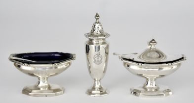 An Edward VII Silver Three-Piece Condiment Set by The Goldsmiths and Silversmiths Co., London