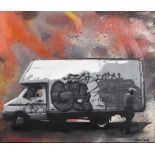 ***Tommy Gurr ( (Born 1984) - Spray paint - "Parisian Van" - Image of a graffiti covered van and a