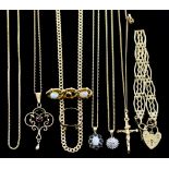 A Mixed Lot of 9ct Gold, comprising - fine box chain, 500mm, flat curb chain, 570mm, five bar gate