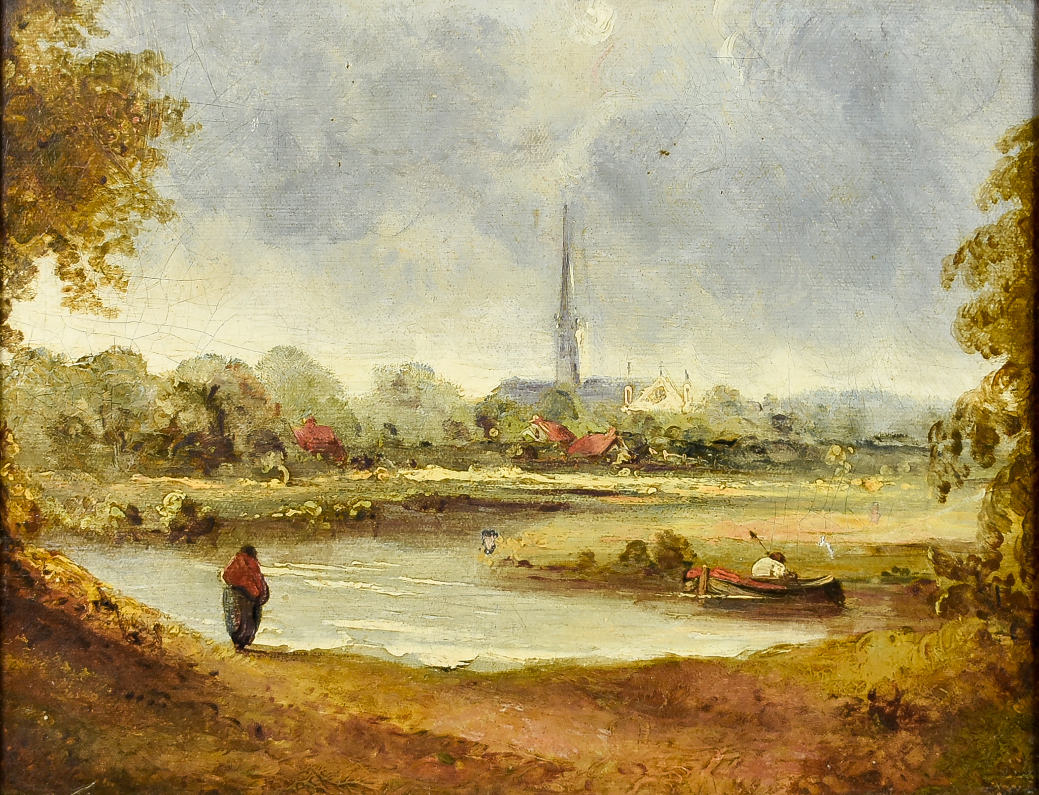 19th Century English School - Oil painting - Riverine rural landscape with church to background,