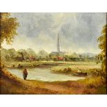19th Century English School - Oil painting - Riverine rural landscape with church to background,