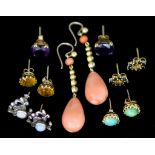 Five Pairs of 9ct Gold Gem Set Earrings, and a pair of silver opal set earrings, for pierced ears,
