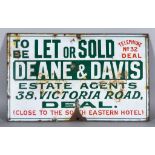 A "Deane & Davis" Enamel Advertising Sign worded "To Be Let or Sold, Deane & Davis Estate Agents, 38
