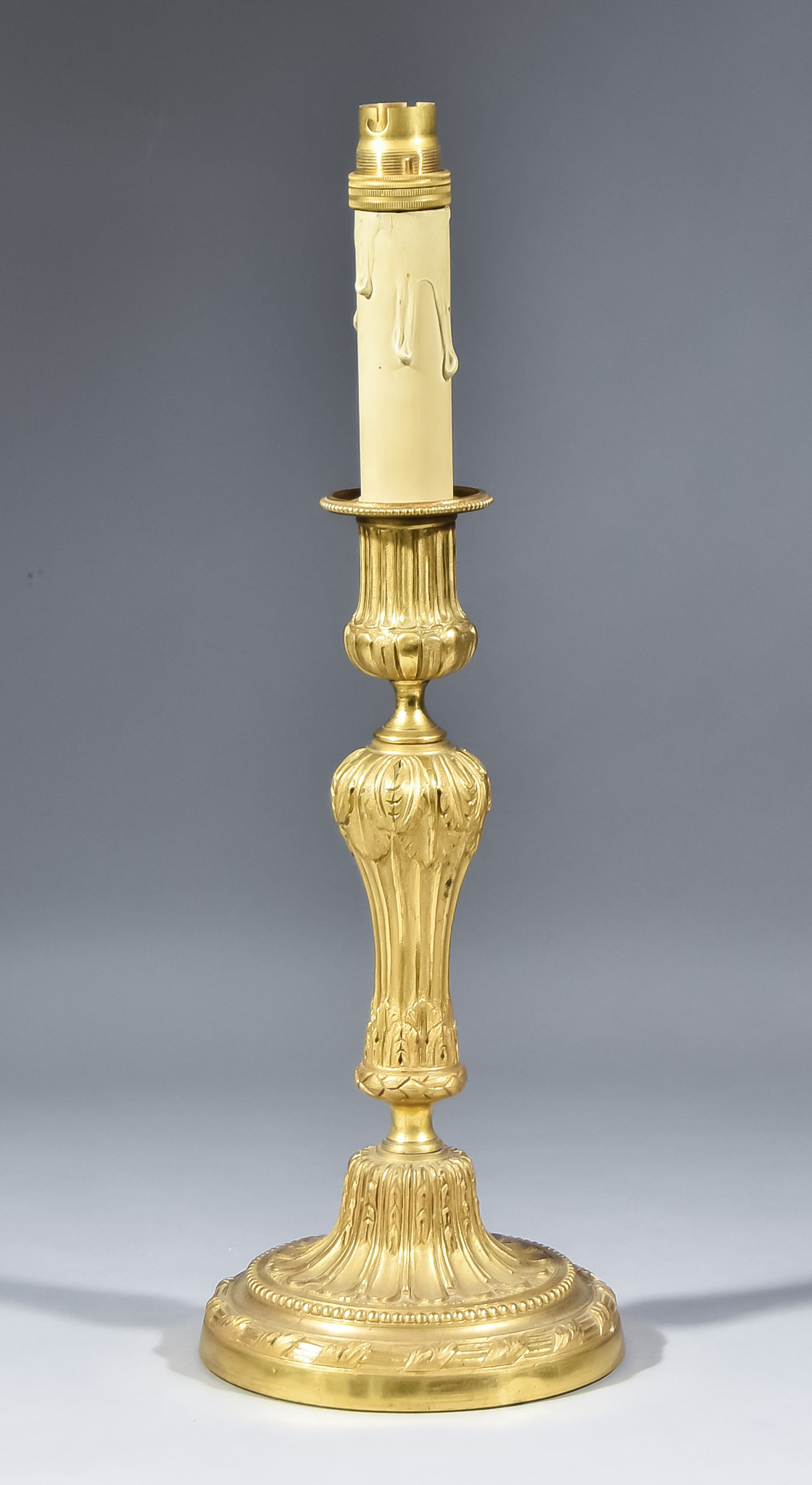 Three French Gilt Brass Candlesticks of Louis XV Design chased and cast with floral leaf scroll - Image 2 of 2