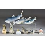 Nine Royal Copenhagen Porcelain Figures - comprising - rainbow trout, No.2676, 8ins x 3.5ins high,