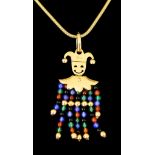 An 18ct Gold Gem Set Beaded Jester Pendant, 45mm x 22mm, on 18ct snake chain, 440mm, total gross