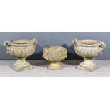 A Pair of Reconstituted Stone Campagna-Shaped Urns, 20th Century, each 24ins wide x 18ins high,
