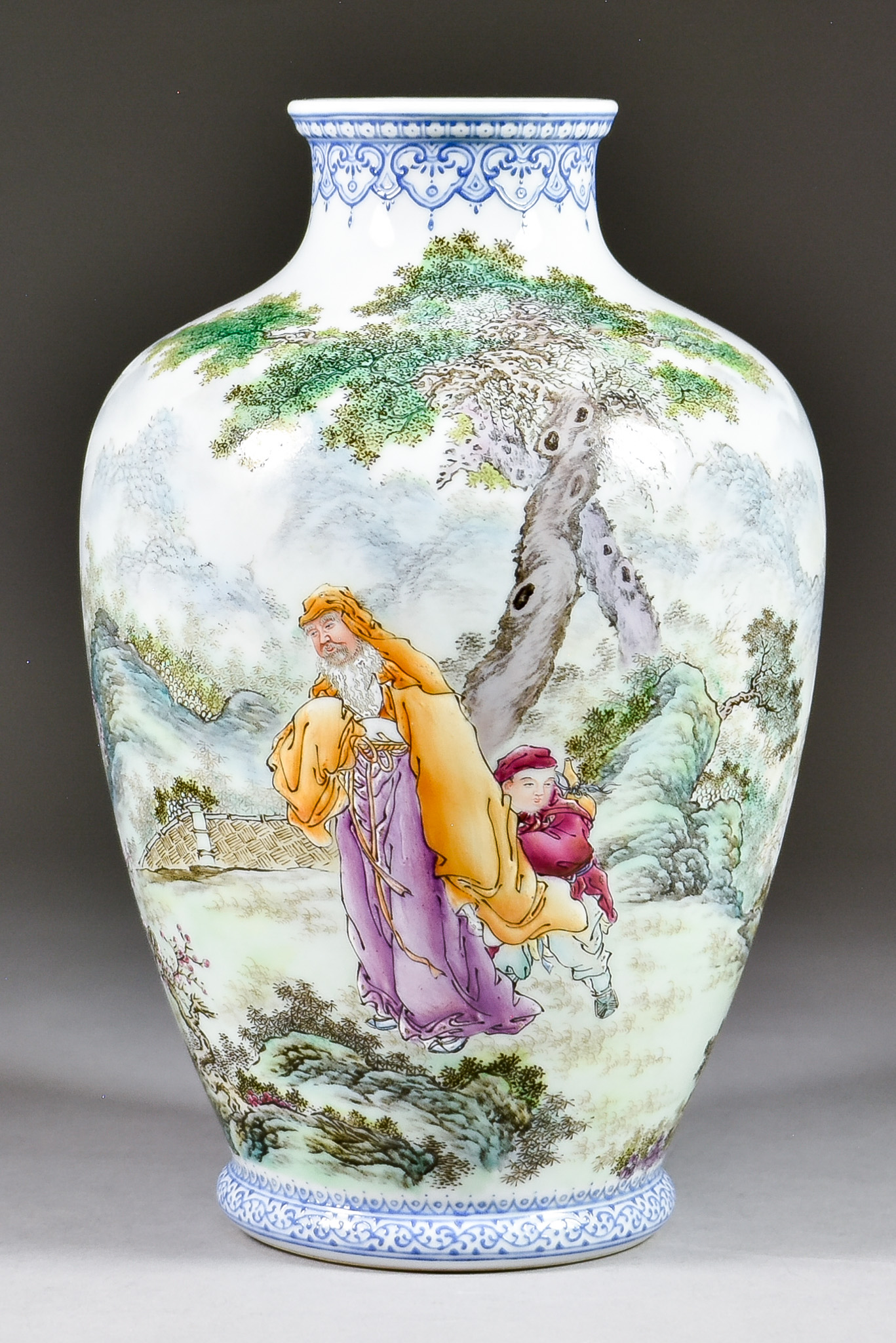 A Chinese Porcelain Baluster-Shaped Vase, 20th Century, enamelled in colours with a bearded sage and