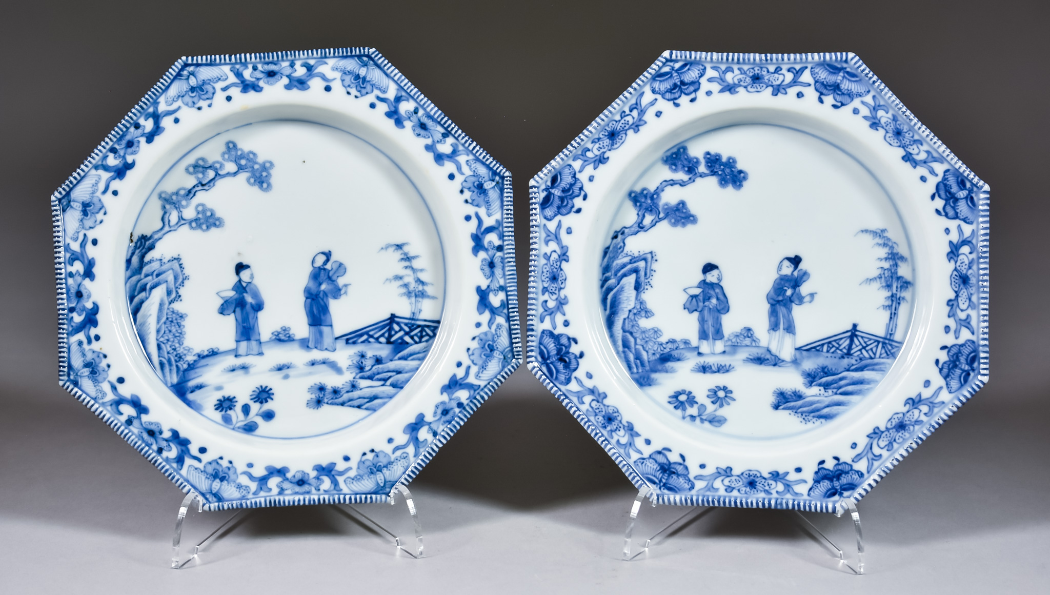 Two Chinese Blue and White Porcelain Octagonal Plates, Mid 18th Century, each painted with two