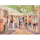 ***Brian Jull (born 1949) - Oil painting - Outdoor market scene with figures, signed, board, 12ins x