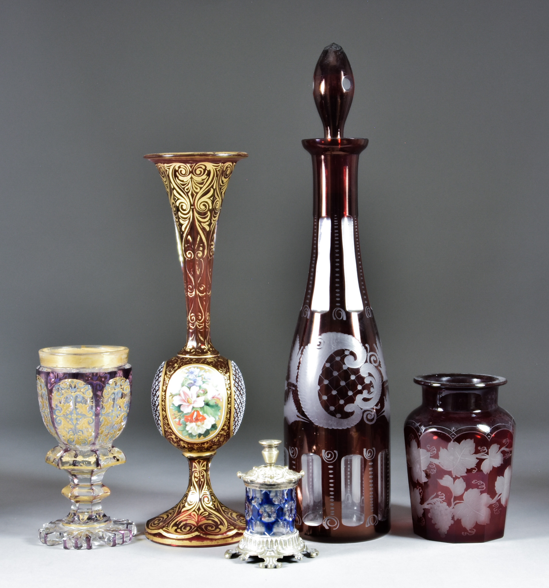 A Bohemian Cut and Flashed Pale Red Glass Vase, 19th Century, the body with two white overlay