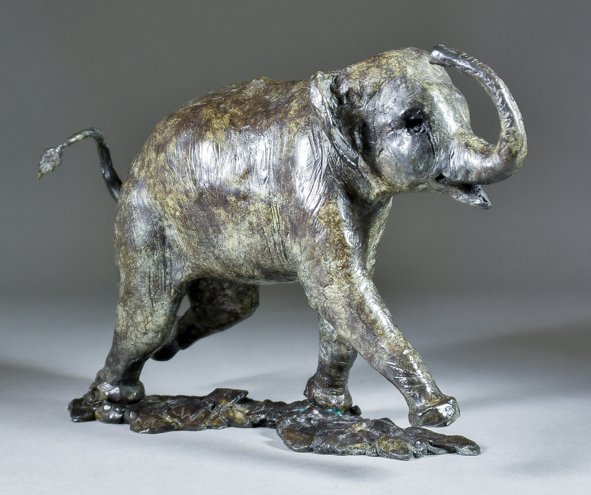 C W (20th/21st Century) - A bronze limited edition figure of a running elephant, No.1/9, monogrammed